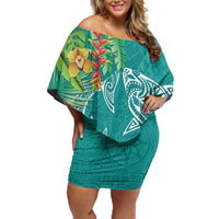 Polynesia Off Shoulder Short Dress Sharks Duo Tropical Teal LT7 Women Teal - Polynesian Pride