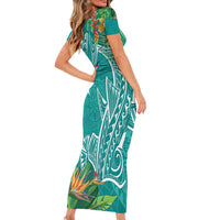 Polynesia Short Sleeve Bodycon Dress Sharks Duo Tropical Teal