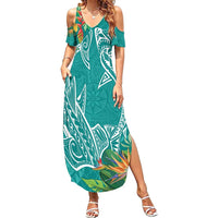 Polynesia Summer Maxi Dress Sharks Duo Tropical Teal LT7 Women Teal - Polynesian Pride