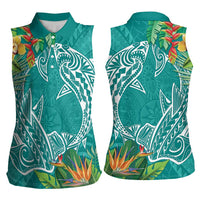 Polynesia Women Sleeveless Polo Shirt Sharks Duo Tropical Teal LT7 - Polynesian Pride