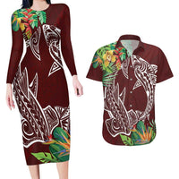 Polynesia Couples Matching Long Sleeve Bodycon Dress and Hawaiian Shirt Sharks Duo Tropical Oxblood LT7 Oxblood - Polynesian Pride