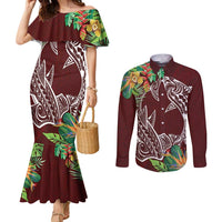 Polynesia Couples Matching Mermaid Dress and Long Sleeve Button Shirt Sharks Duo Tropical Oxblood LT7 Oxblood - Polynesian Pride