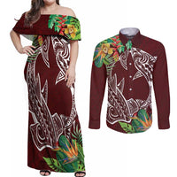 Polynesia Couples Matching Off Shoulder Maxi Dress and Long Sleeve Button Shirt Sharks Duo Tropical Oxblood LT7 Oxblood - Polynesian Pride