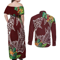 Polynesia Couples Matching Off Shoulder Maxi Dress and Long Sleeve Button Shirt Sharks Duo Tropical Oxblood LT7 - Polynesian Pride