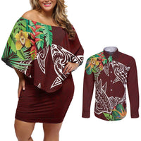 Polynesia Couples Matching Off Shoulder Short Dress and Long Sleeve Button Shirt Sharks Duo Tropical Oxblood LT7 Oxblood - Polynesian Pride