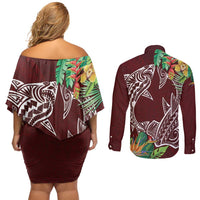 Polynesia Couples Matching Off Shoulder Short Dress and Long Sleeve Button Shirt Sharks Duo Tropical Oxblood LT7 - Polynesian Pride