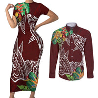 Polynesia Couples Matching Short Sleeve Bodycon Dress and Long Sleeve Button Shirt Sharks Duo Tropical Oxblood LT7 Oxblood - Polynesian Pride