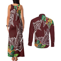 Polynesia Couples Matching Tank Maxi Dress and Long Sleeve Button Shirt Sharks Duo Tropical Oxblood LT7 - Polynesian Pride