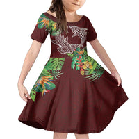 Polynesia Family Matching Off Shoulder Maxi Dress and Hawaiian Shirt Sharks Duo Tropical Oxblood LT7 Daughter's Dress Oxblood - Polynesian Pride