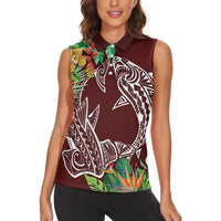 Polynesia Women Sleeveless Polo Shirt Sharks Duo Tropical Oxblood LT7 - Polynesian Pride