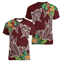 Polynesia Women V-Neck T-Shirt Sharks Duo Tropical Oxblood