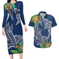 Polynesia Couples Matching Long Sleeve Bodycon Dress and Hawaiian Shirt Sharks Duo Tropical Navy LT7 Navy - Polynesian Pride