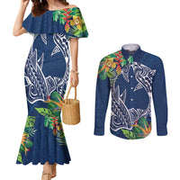 Polynesia Couples Matching Mermaid Dress and Long Sleeve Button Shirt Sharks Duo Tropical Navy LT7 Navy - Polynesian Pride