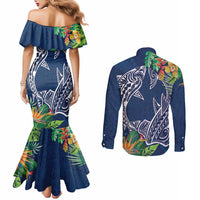 Polynesia Couples Matching Mermaid Dress and Long Sleeve Button Shirt Sharks Duo Tropical Navy LT7 - Polynesian Pride