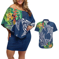 Polynesia Couples Matching Off Shoulder Short Dress and Hawaiian Shirt Sharks Duo Tropical Navy LT7 Navy - Polynesian Pride