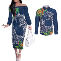 Polynesia Couples Matching Off The Shoulder Long Sleeve Dress and Long Sleeve Button Shirt Sharks Duo Tropical Navy LT7 Navy - Polynesian Pride