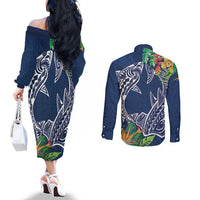 Polynesia Couples Matching Off The Shoulder Long Sleeve Dress and Long Sleeve Button Shirt Sharks Duo Tropical Navy LT7 - Polynesian Pride