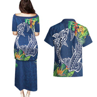 Polynesia Couples Matching Puletasi and Hawaiian Shirt Sharks Duo Tropical Navy LT7 - Polynesian Pride
