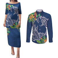 Polynesia Couples Matching Puletasi and Long Sleeve Button Shirt Sharks Duo Tropical Navy LT7 Navy - Polynesian Pride