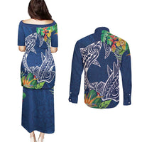 Polynesia Couples Matching Puletasi and Long Sleeve Button Shirt Sharks Duo Tropical Navy LT7 - Polynesian Pride