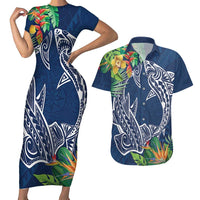 Polynesia Couples Matching Short Sleeve Bodycon Dress and Hawaiian Shirt Sharks Duo Tropical Navy LT7 Navy - Polynesian Pride