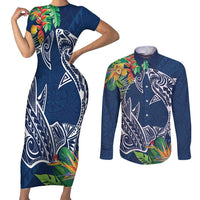 Polynesia Couples Matching Short Sleeve Bodycon Dress and Long Sleeve Button Shirt Sharks Duo Tropical Navy LT7 Navy - Polynesian Pride