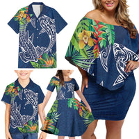 Polynesia Family Matching Off Shoulder Short Dress and Hawaiian Shirt Sharks Duo Tropical Navy LT7 - Polynesian Pride