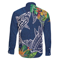 Polynesia Family Matching Off Shoulder Short Dress and Hawaiian Shirt Sharks Duo Tropical Navy LT7 - Polynesian Pride