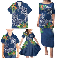 Polynesia Family Matching Puletasi and Hawaiian Shirt Sharks Duo Tropical Navy LT7 - Polynesian Pride