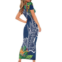 Polynesia Short Sleeve Bodycon Dress Sharks Duo Tropical Navy