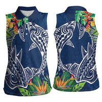 Polynesia Women Sleeveless Polo Shirt Sharks Duo Tropical Navy LT7 - Polynesian Pride