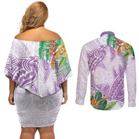 Polynesia Couples Matching Off Shoulder Short Dress and Long Sleeve Button Shirt Sharks Duo Tropical Lavender LT7 - Polynesian Pride
