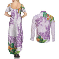 Polynesia Couples Matching Summer Maxi Dress and Long Sleeve Button Shirt Sharks Duo Tropical Lavender LT7 - Polynesian Pride