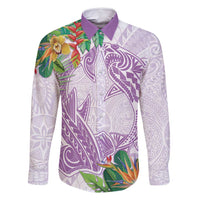 Polynesia Family Matching Off Shoulder Maxi Dress and Hawaiian Shirt Sharks Duo Tropical Lavender LT7 Dad's Shirt - Long Sleeve Lavender - Polynesian Pride