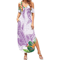 Polynesia Family Matching Summer Maxi Dress and Hawaiian Shirt Sharks Duo Tropical Lavender LT7 Mom's Dress Lavender - Polynesian Pride