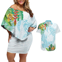 Polynesia Couples Matching Off Shoulder Short Dress and Hawaiian Shirt Sharks Duo Tropical Turquoise LT7 Turquoise - Polynesian Pride
