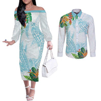 Polynesia Couples Matching Off The Shoulder Long Sleeve Dress and Long Sleeve Button Shirt Sharks Duo Tropical Turquoise LT7 Turquoise - Polynesian Pride