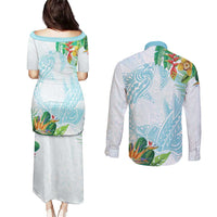 Polynesia Couples Matching Puletasi and Long Sleeve Button Shirt Sharks Duo Tropical Turquoise LT7 - Polynesian Pride