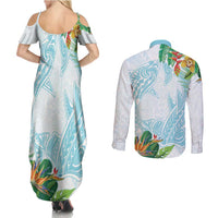 Polynesia Couples Matching Summer Maxi Dress and Long Sleeve Button Shirt Sharks Duo Tropical Turquoise LT7 - Polynesian Pride