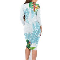 Polynesia Family Matching Long Sleeve Bodycon Dress and Hawaiian Shirt Sharks Duo Tropical Turquoise LT7 - Polynesian Pride