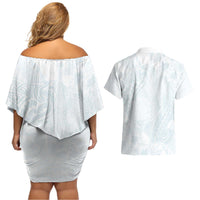 Polynesia Couples Matching Off Shoulder Short Dress and Hawaiian Shirt Sharks Duo Tropical Off White LT7 - Polynesian Pride