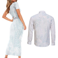 Polynesia Couples Matching Short Sleeve Bodycon Dress and Long Sleeve Button Shirt Sharks Duo Tropical Off White LT7 - Polynesian Pride