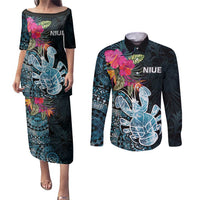 Niue Personalised Couples Matching Puletasi and Long Sleeve Button Shirt Hiapo Mix Coconut Crab LT7 Art - Polynesian Pride