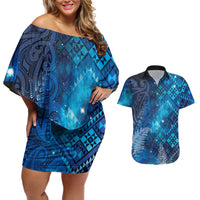 Aotearoa Taniko Matariki Couples Matching Off Shoulder Short Dress and Hawaiian Shirt Cosmic Blue LT7 Blue - Polynesian Pride