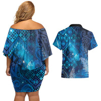 Aotearoa Taniko Matariki Couples Matching Off Shoulder Short Dress and Hawaiian Shirt Cosmic Blue LT7 - Polynesian Pride