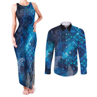 Aotearoa Taniko Matariki Couples Matching Tank Maxi Dress and Long Sleeve Button Shirt Cosmic Blue LT7 Blue - Polynesian Pride