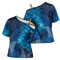 Aotearoa Taniko Matariki Cross Shoulder Shirt Cosmic Blue LT7 - Polynesian Pride