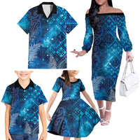 Aotearoa Taniko Matariki Family Matching Off The Shoulder Long Sleeve Dress and Hawaiian Shirt Cosmic Blue