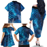 Aotearoa Taniko Matariki Family Matching Off The Shoulder Long Sleeve Dress and Hawaiian Shirt Cosmic Blue