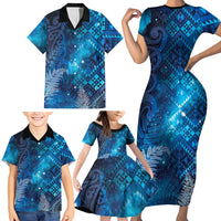 Aotearoa Taniko Matariki Family Matching Short Sleeve Bodycon Dress and Hawaiian Shirt Cosmic Blue